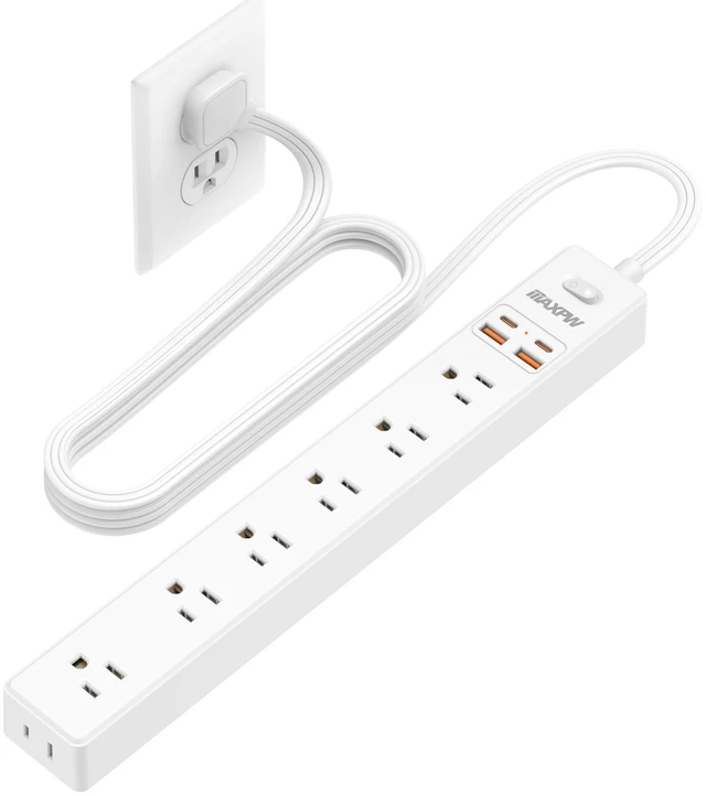 Main image of 6Ft Flat Plug Extension Cord Power Strip,7 AC Outlets 4 USB Ports(2 USB C) Ultra Thin Flat Extension Cord & Flat Plug, 1700 Joules, Wall Mount, Desk Charging Station for Home Office Dorm, White