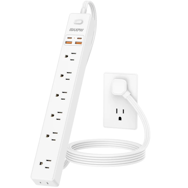 Alt view image 7 of 7 - 6Ft Flat Plug Extension Cord Power Strip,7 AC Outlets 4 USB Ports(2 USB C) Ultra Thin Flat Extension Cord & Flat Plug, 1700 Joules, Wall Mount, Desk Charging Station for Home Office Dorm, White