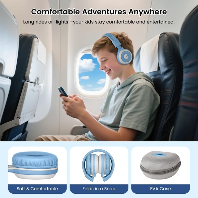 Alt view image 7 of 7 - 2 Pack Bluetooth Kids Headphones with Case, Built-in Mic for School Manyshare Series, Auracast-Enabled, Share Audio Wirelessly w/ Multiple Headphones,Over-Ear Headphones for Car/Airplane Travel