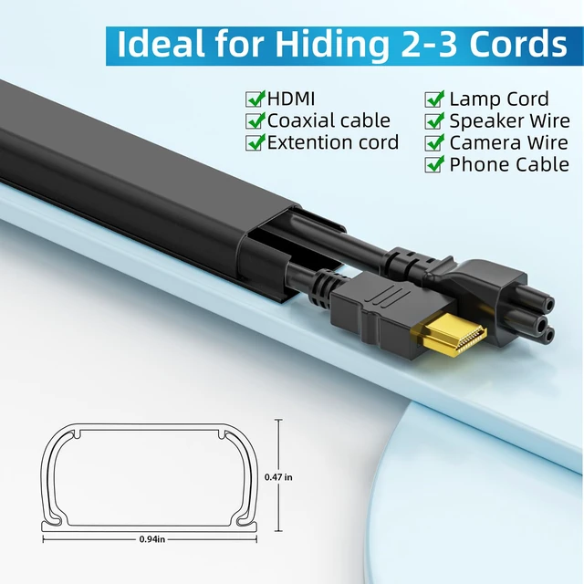 Alt view image 2 of 6 - 142in Wall Cord Hider for 2-3 Cords, W0.94in H0.47in, Black Medium Cord Covers for Wires on wall, On-Wall Cord Cover Cable Concealer