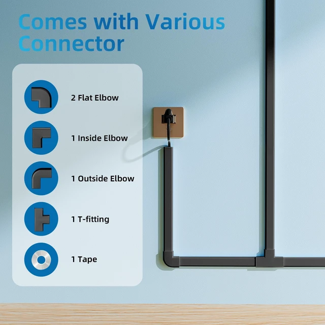 Alt view image 3 of 6 - 142in Wall Cord Hider for 2-3 Cords, W0.94in H0.47in, Black Medium Cord Covers for Wires on wall, On-Wall Cord Cover Cable Concealer