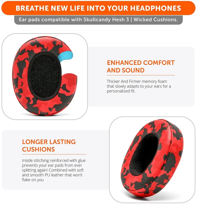Alt view image 4 of 7 - PadZ Crusher Evo - Earpads for Skullcandy Crusher Evo & Hesh ANC Made by Wicked Cushions Also fits Crusher Wireless & More, Enhanced Comfort & Sound Isolation Red Camo