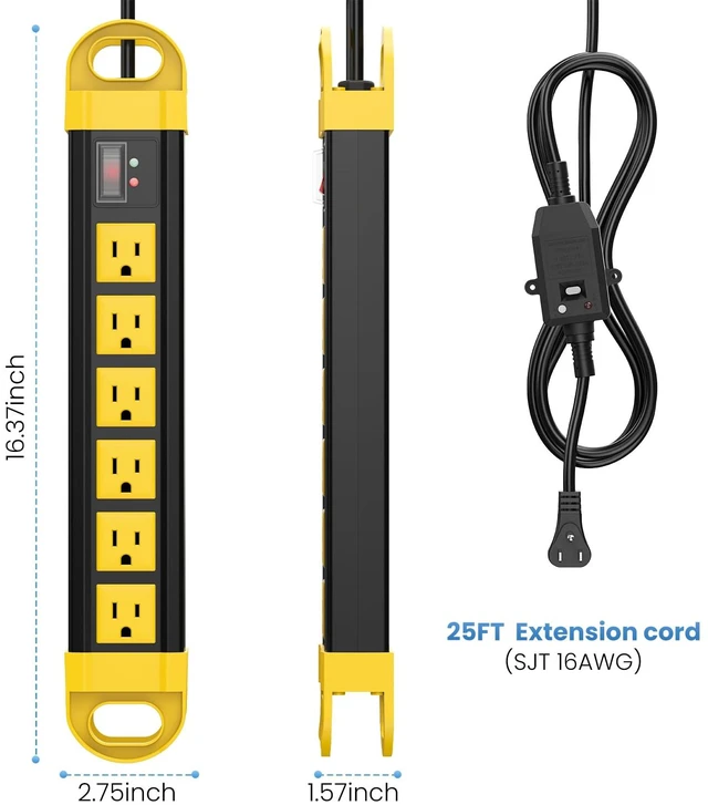 Alt view image 3 of 7 - GFCI Outdoor Power Strip Weatherproof IPX6 Waterproof, Yellow 25FT Surge Protector 2700J with 6 Plug Extender Port, Exterior Long Extension Cord with Multiple Outlet for Garden Christmas Decor