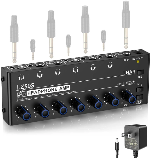 Main image of Headphone Amplifier with Bass Boost, 6 Channel, 1IN 6 OUT, 12V Metal Stereo Audio Amplifier, Mini Earphone Splitter with Power Adapter, 1/4" & 1/8" TRS Headphones Output & TRS Audio Input