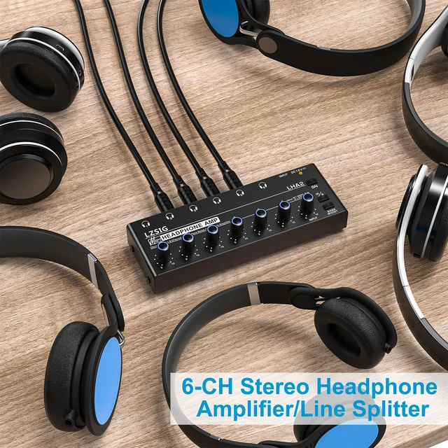 Alt view image 5 of 7 - Headphone Amplifier with Bass Boost, 6 Channel, 1IN 6 OUT, 12V Metal Stereo Audio Amplifier, Mini Earphone Splitter with Power Adapter, 1/4" & 1/8" TRS Headphones Output & TRS Audio Input