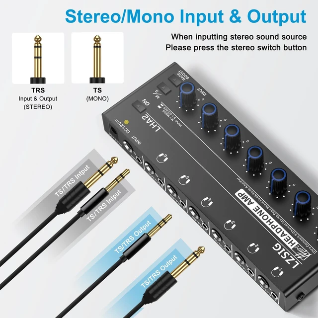 Alt view image 7 of 7 - Headphone Amplifier with Bass Boost, 6 Channel, 1IN 6 OUT, 12V Metal Stereo Audio Amplifier, Mini Earphone Splitter with Power Adapter, 1/4" & 1/8" TRS Headphones Output & TRS Audio Input