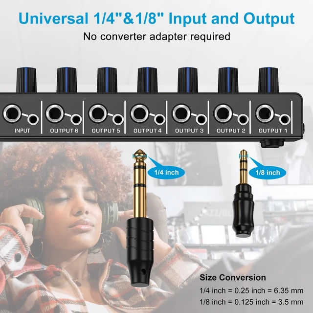 Alt view image 6 of 7 - Headphone Amplifier with Bass Boost, 6 Channel, 1IN 6 OUT, 12V Metal Stereo Audio Amplifier, Mini Earphone Splitter with Power Adapter, 1/4" & 1/8" TRS Headphones Output & TRS Audio Input