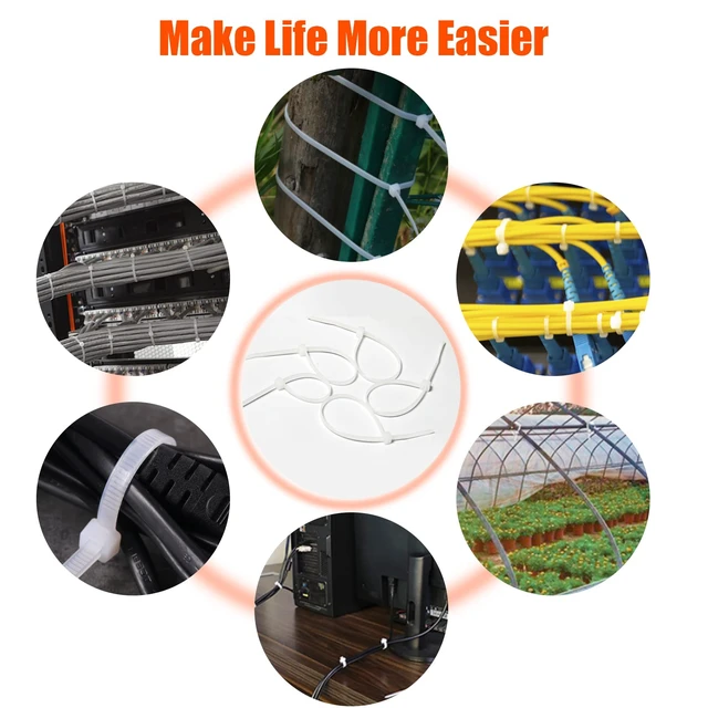Alt view image 6 of 7 - 12 Inch Zip Ties (Bulk 1000 Pack Black & 100 Pack White),50LBS Tensile Strength Heavy Duty Cable Wire Ties With Self-Locking Adjustable Durable Nylon Tie Wraps for Indoor Outdoor (10 Pack Mount)