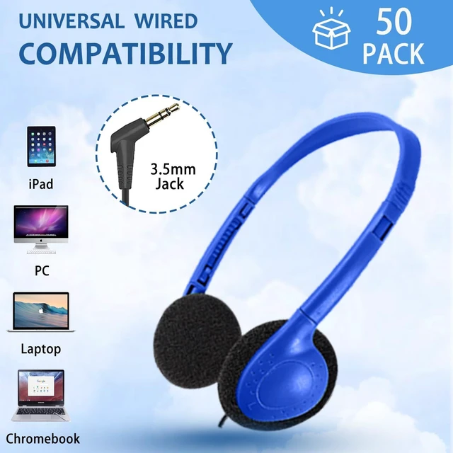 Alt view image 4 of 7 - 50 Pack Bulk Headphones for Classroom Kids Student School, Wired On-Ear Headphones for Chromebook Laptop Computer, Bulk Wholesale, HQ Stereo Sound 3.5mm Jack(Blue)