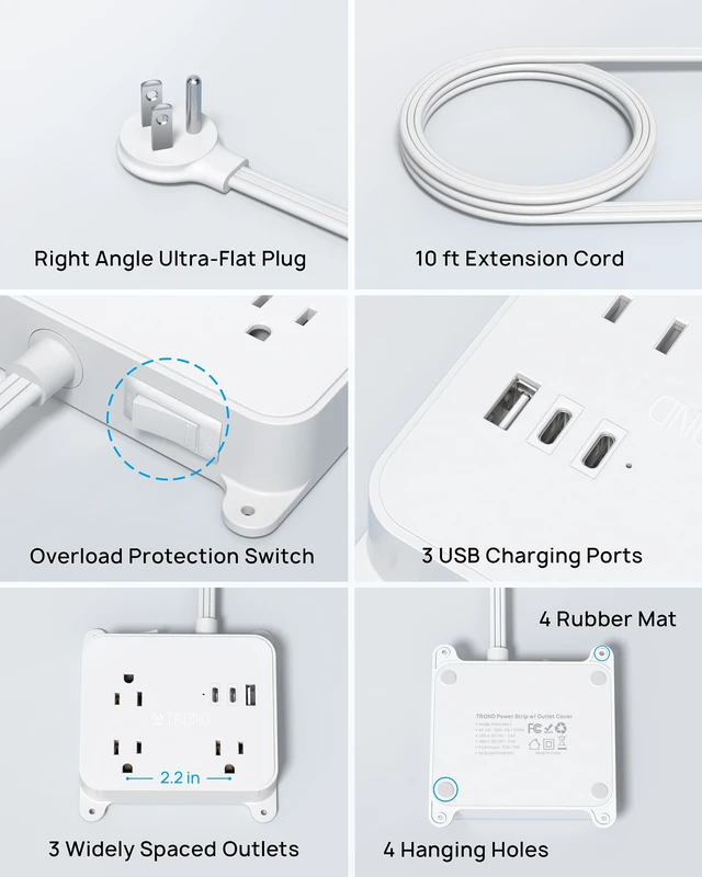 Alt view image 6 of 7 - Ultra Flat Plug Power Strip, Extension Cord 10FT with 3 USB Chargers Power Strip with Long Cord, 3 Widely Outlets Charging Station, Wall Mount for Home Dorm Room Essentials