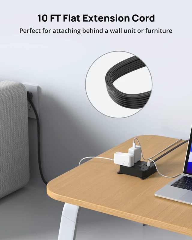Alt view image 2 of 7 - Flat Plug Power Strip, 10FT Long Extension Cord with 3 AC Outlets 2 USB-C and 1 USB-A Ports, Long Cord Desk Charging Station, Wall Mount for Home, Office Accessories, Dorm Room Essentials