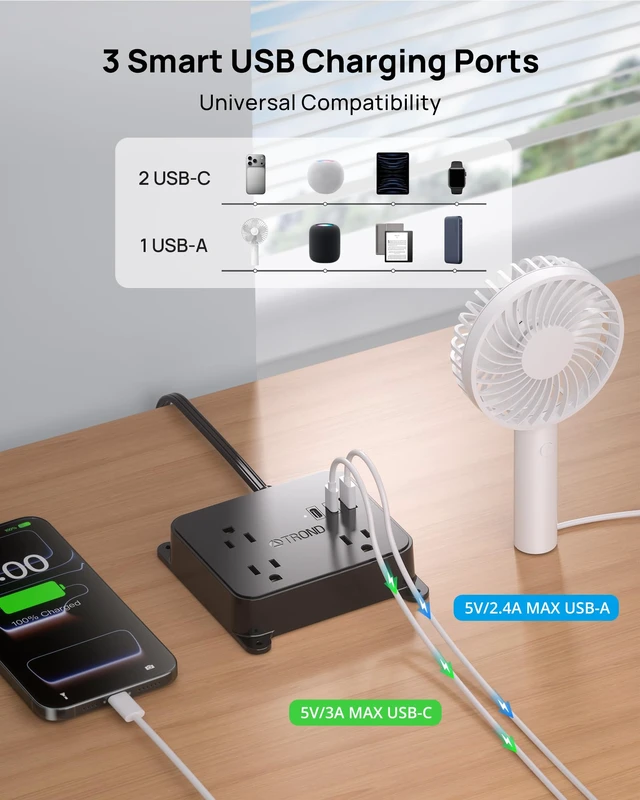 Alt view image 5 of 7 - Ultra Thin Flat Extension Cord, 5 FT Flat Plug Power Strip with 3 USB 3 AC Outlets Desktop Charging Station, Wall Mount Low Profile Power Strip for Home, Bedroom, Dorm Room Essentials