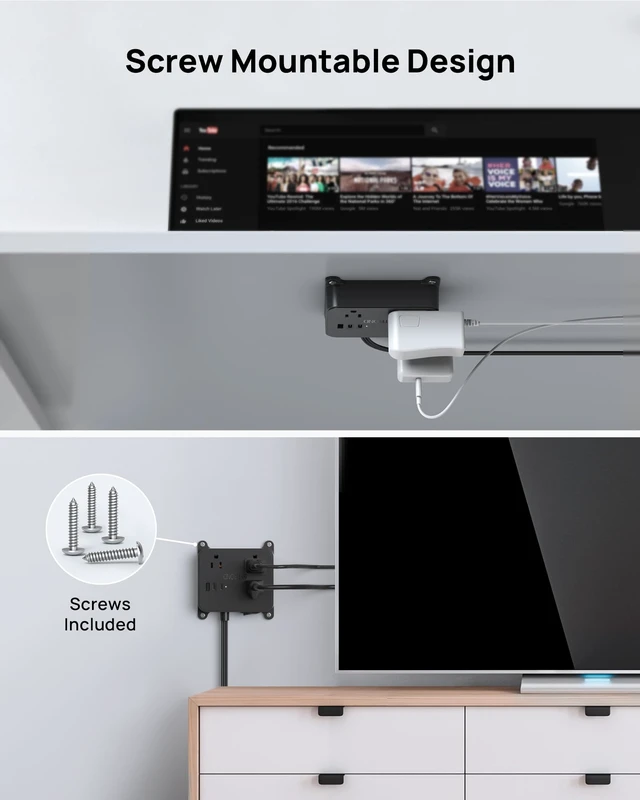 Alt view image 6 of 7 - Ultra Thin Flat Extension Cord, 5 FT Flat Plug Power Strip with 3 USB 3 AC Outlets Desktop Charging Station, Wall Mount Low Profile Power Strip for Home, Bedroom, Dorm Room Essentials