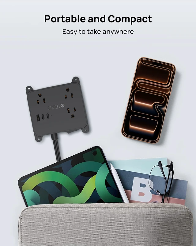 Alt view image 7 of 7 - Flat Plug Power Strip, 10FT Long Extension Cord with 3 AC Outlets 2 USB-C and 1 USB-A Ports, Long Cord Desk Charging Station, Wall Mount for Home, Office Accessories, Dorm Room Essentials