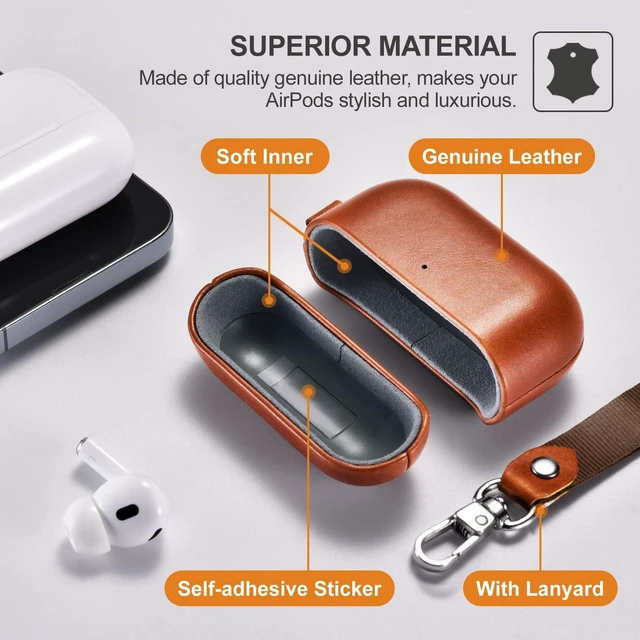 Alt view image 3 of 6 - AirPod Pro 3 Case with Strap, Handmade Geniune Leather Case (Brown) 100% Geniune Leather Case, Handmade Top Grade Vintage Cover, Shockproof Protective Wireless Charging Cover