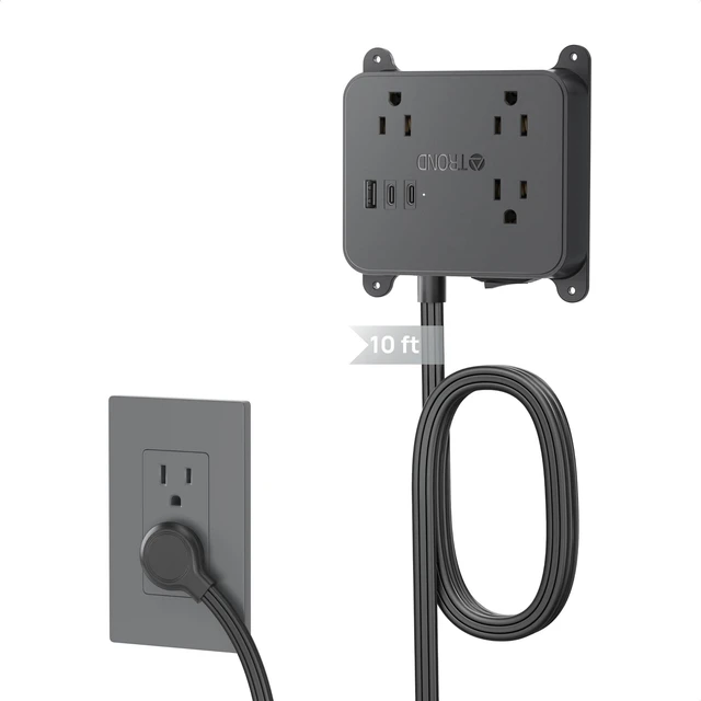 Main image of Flat Plug Power Strip, 10FT Long Extension Cord with 3 AC Outlets 2 USB-C and 1 USB-A Ports, Long Cord Desk Charging Station, Wall Mount for Home, Office Accessories, Dorm Room Essentials