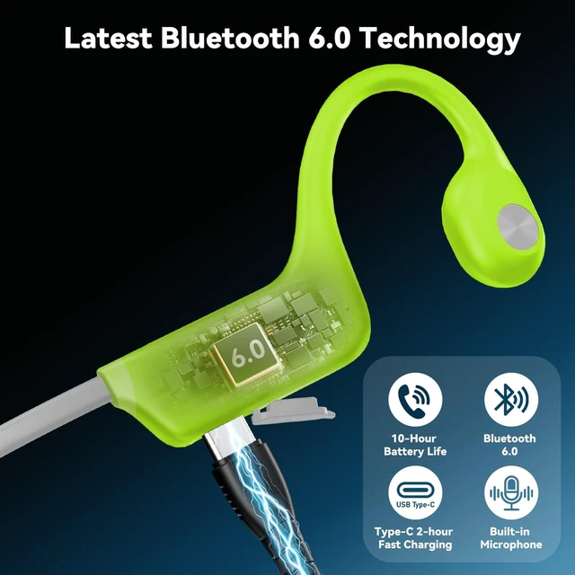 Alt view image 4 of 7 - Bone Conduction Headphones, Bluetooth 6.0 Open Ear Headphones with Mic, Type-C Quick Charge, Long Battery Life, IPX5 Sweatproof, Lightweight Comfortable for Gym, Sports, and Driving(Green)