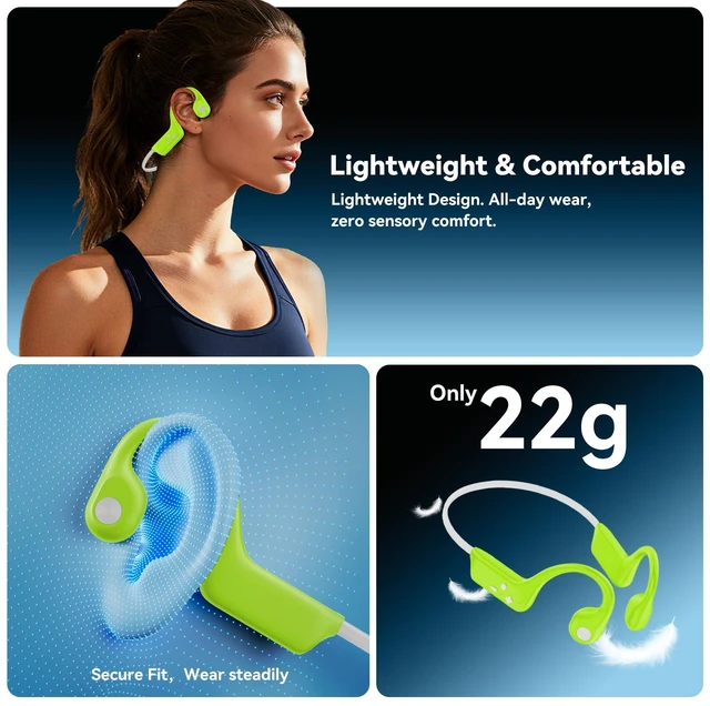 Alt view image 3 of 7 - Bone Conduction Headphones, Bluetooth 6.0 Open Ear Headphones with Mic, Type-C Quick Charge, Long Battery Life, IPX5 Sweatproof, Lightweight Comfortable for Gym, Sports, and Driving(Green)