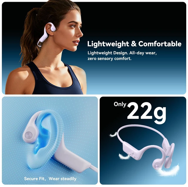 Alt view image 3 of 7 - Bone Conduction Headphones, Bluetooth 6.0 Open Ear Headphones with Mic, Type-C Quick Charge, Long Battery Life, IPX5 Sweatproof, Lightweight Comfortable for Gym, Sports, and Driving(Purple)