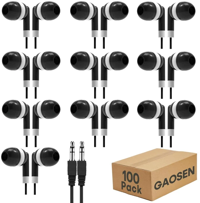 Main image of Bulk Earbuds Headphones 100 Pack for Kids School Classroom,Black Dot in-Ear Earphones,Student Wired Ear Buds with 3.5 mm Jack for Computer Chromebook Laptop PC(GS01,100 Black)