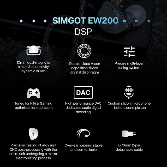 Alt view image 4 of 7 - SIMGOT EW200 10mm SCP Diaphragm Dynamic Driver IEM in-Ear Earphones with All Metal Body, Detachable 0.78mm 2pin Silver-Plated OFC Cable for Audiophiles Musicians, Type-C DSP with Mic