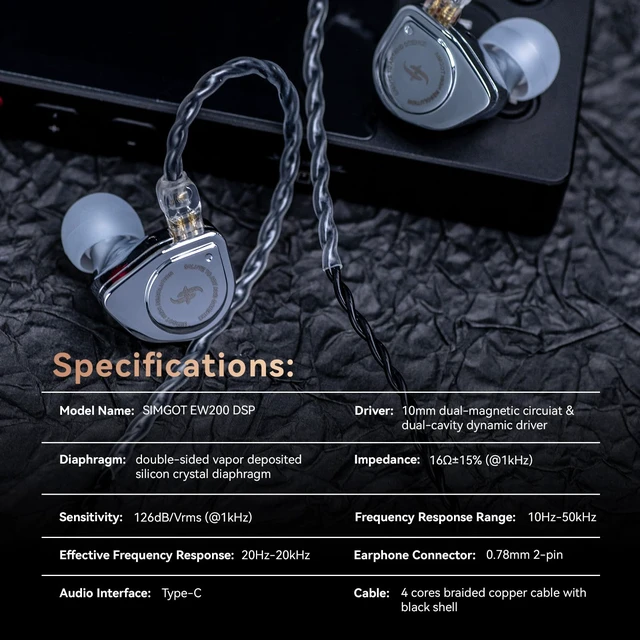 Alt view image 7 of 7 - SIMGOT EW200 10mm SCP Diaphragm Dynamic Driver IEM in-Ear Earphones with All Metal Body, Detachable 0.78mm 2pin Silver-Plated OFC Cable for Audiophiles Musicians, Type-C DSP with Mic