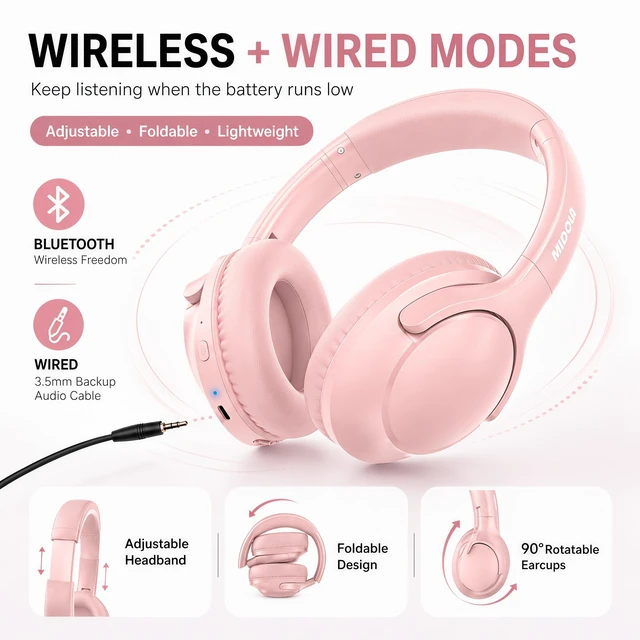 Alt view image 3 of 7 - Bluetooth Headphones Over Ear 68H Playtime 6 EQ Wireless Headset with Microphone HiFi Stereo Foldable Lightweight Deep Bass for Travel Home Office Cellphone Pink