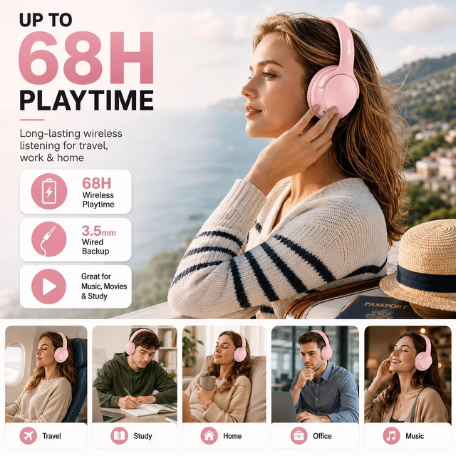 Alt view image 2 of 7 - Bluetooth Headphones Over Ear 68H Playtime 6 EQ Wireless Headset with Microphone HiFi Stereo Foldable Lightweight Deep Bass for Travel Home Office Cellphone Pink
