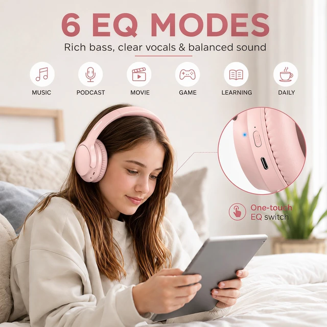 Alt view image 4 of 7 - Bluetooth Headphones Over Ear 68H Playtime 6 EQ Wireless Headset with Microphone HiFi Stereo Foldable Lightweight Deep Bass for Travel Home Office Cellphone Pink