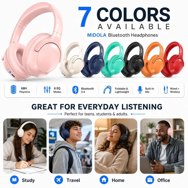 Alt view image 6 of 7 - Bluetooth Headphones Over Ear 68H Playtime 6 EQ Wireless Headset with Microphone HiFi Stereo Foldable Lightweight Deep Bass for Travel Home Office Cellphone Pink
