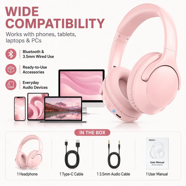 Alt view image 5 of 7 - Bluetooth Headphones Over Ear 68H Playtime 6 EQ Wireless Headset with Microphone HiFi Stereo Foldable Lightweight Deep Bass for Travel Home Office Cellphone Pink