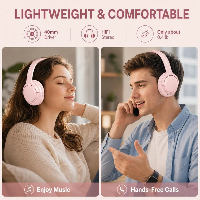 Alt view image 7 of 7 - Bluetooth Headphones Over Ear 68H Playtime 6 EQ Wireless Headset with Microphone HiFi Stereo Foldable Lightweight Deep Bass for Travel Home Office Cellphone Pink