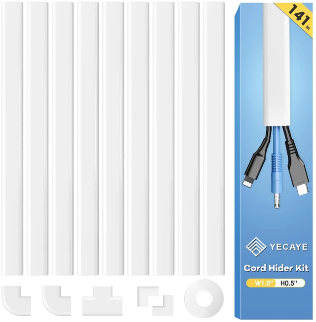 Main image of 141in Cord Hdier for Wall, Paintable Wire Covers for 2 Cords TV on Wall, Medium Cable Management Kit, Cable Hiding for Wall White, W0.95in H0.47in