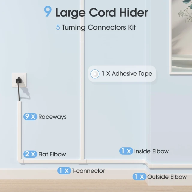 Alt view image 5 of 7 - 141in Cord Hdier for Wall, Paintable Wire Covers for 2 Cords TV on Wall, Medium Cable Management Kit, Cable Hiding for Wall White, W0.95in H0.47in
