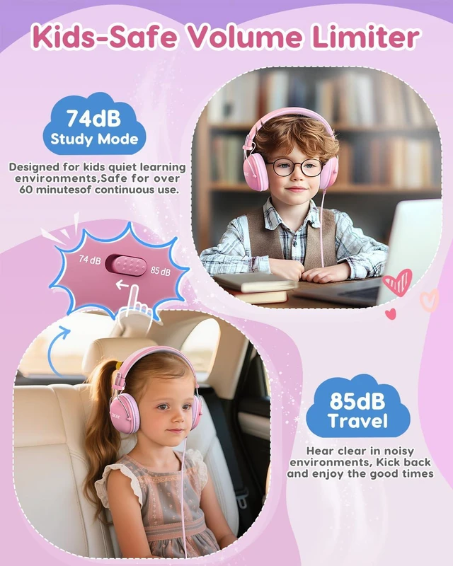 Alt view image 2 of 7 - Kids Headphones Wired for School, 74-85dB Limiter, Pink OHW342 Foldable on-ear Stereo Sound, Tangle Free, 3.5mm Jack,for Kids Boys Girls Classroom Travel Chromebook iPad Tablets