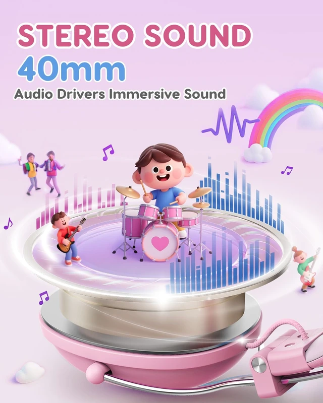 Alt view image 4 of 7 - Kids Headphones Wired for School, 74-85dB Limiter, Pink OHW342 Foldable on-ear Stereo Sound, Tangle Free, 3.5mm Jack,for Kids Boys Girls Classroom Travel Chromebook iPad Tablets