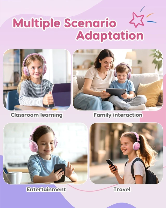Alt view image 3 of 7 - Kids Headphones Wired for School, 74-85dB Limiter, Pink OHW342 Foldable on-ear Stereo Sound, Tangle Free, 3.5mm Jack,for Kids Boys Girls Classroom Travel Chromebook iPad Tablets