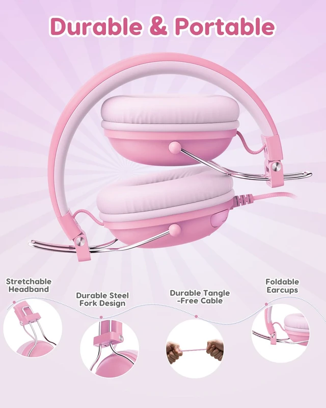 Alt view image 6 of 7 - Kids Headphones Wired for School, 74-85dB Limiter, Pink OHW342 Foldable on-ear Stereo Sound, Tangle Free, 3.5mm Jack,for Kids Boys Girls Classroom Travel Chromebook iPad Tablets