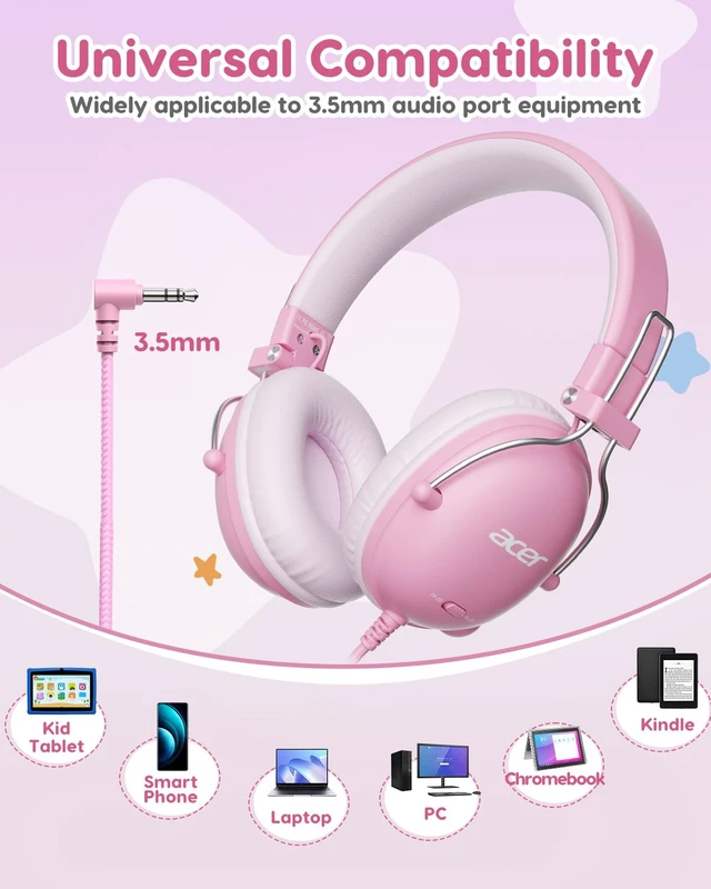 Alt view image 7 of 7 - Kids Headphones Wired for School, 74-85dB Limiter, Pink OHW342 Foldable on-ear Stereo Sound, Tangle Free, 3.5mm Jack,for Kids Boys Girls Classroom Travel Chromebook iPad Tablets