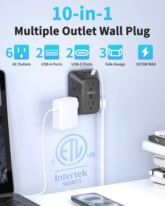 Alt view image 2 of 7 - Black Outlet Extender, 6AC&2A2C, 1050J, USB Wall Charger, 1875W/15A ETL Listed, 3-Sided Surge Protector, Mountable, 1.9in Wide Spaced, Multi Plug Wall Outlet for Home Office Travel