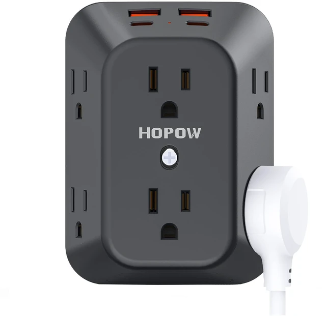 Main image of Black Outlet Extender, 6AC&2A2C, 1050J, USB Wall Charger, 1875W/15A ETL Listed, 3-Sided Surge Protector, Mountable, 1.9in Wide Spaced, Multi Plug Wall Outlet for Home Office Travel
