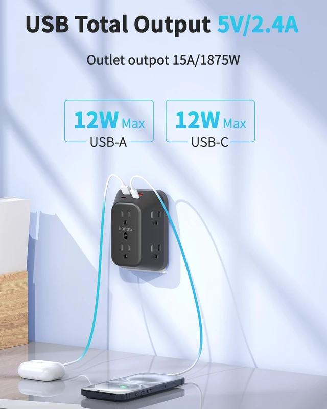 Alt view image 4 of 7 - Black Outlet Extender, 6AC&2A2C, 1050J, USB Wall Charger, 1875W/15A ETL Listed, 3-Sided Surge Protector, Mountable, 1.9in Wide Spaced, Multi Plug Wall Outlet for Home Office Travel