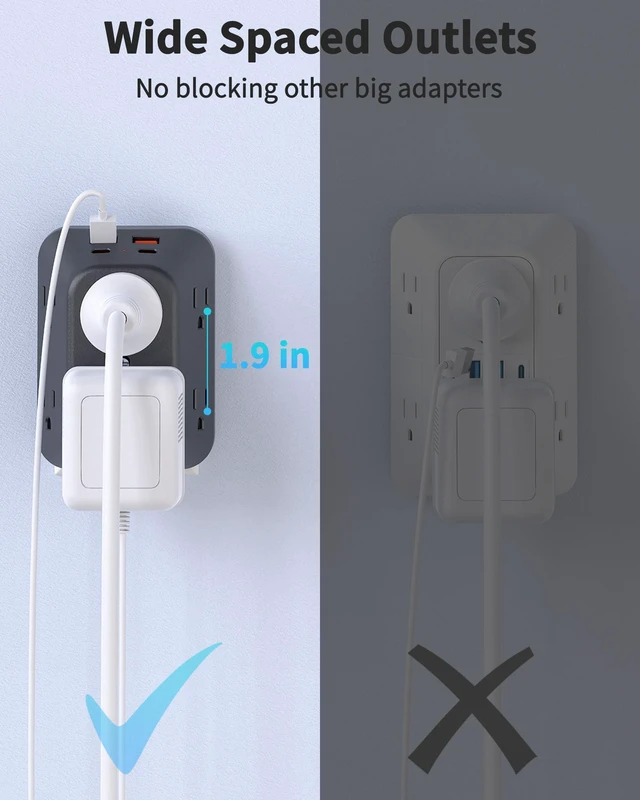 Alt view image 5 of 7 - Black Outlet Extender, 6AC&2A2C, 1050J, USB Wall Charger, 1875W/15A ETL Listed, 3-Sided Surge Protector, Mountable, 1.9in Wide Spaced, Multi Plug Wall Outlet for Home Office Travel
