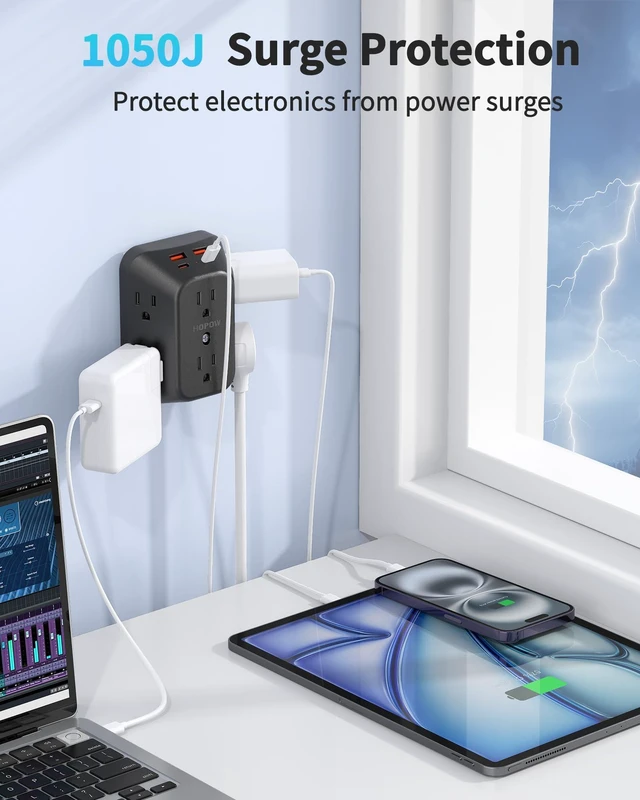 Alt view image 6 of 7 - Black Outlet Extender, 6AC&2A2C, 1050J, USB Wall Charger, 1875W/15A ETL Listed, 3-Sided Surge Protector, Mountable, 1.9in Wide Spaced, Multi Plug Wall Outlet for Home Office Travel