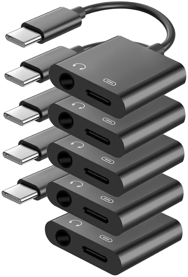 Main image of USB C to 3.5mm Headphone Jack and Charger Adapter, 2-in-1 Audio & Fast Charging Splitter for Apple iPhone 17/16/15/Pro/Pro Max, iPad, Samsung, Pixel, and More 5Pack Black