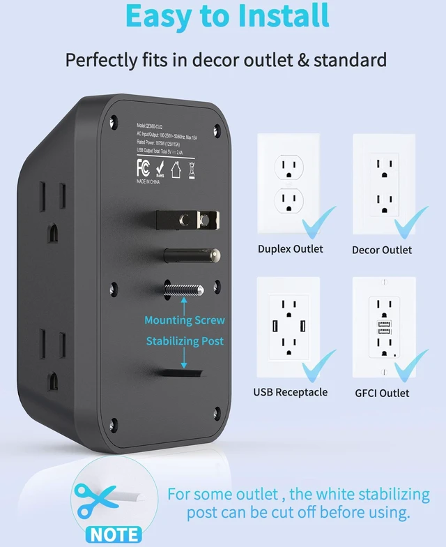 Alt view image 7 of 7 - Black Outlet Extender, 6AC&2A2C, 1050J, USB Wall Charger, 1875W/15A ETL Listed, 3-Sided Surge Protector, Mountable, 1.9in Wide Spaced, Multi Plug Wall Outlet for Home Office Travel
