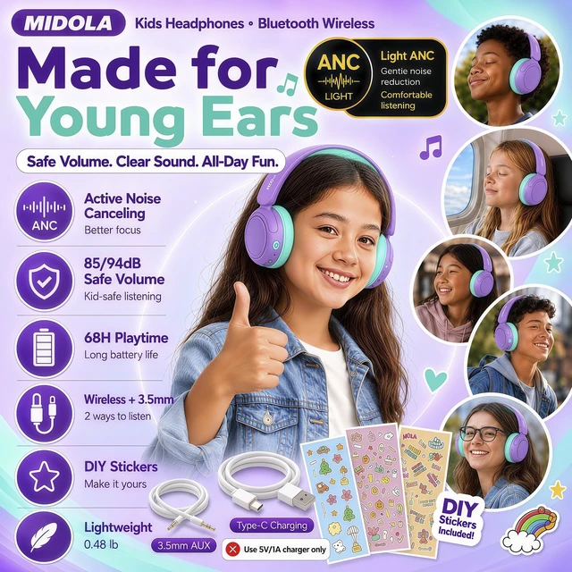 Alt view image 2 of 7 - Kids Bluetooth Headphones Wireless Over-Ear,Active Noise Cancelling,Purple 68Hrs,Volume Limit 85/94dB,Built-in Mic,Adjustable Headband Foldable Lightweight for Toddler School Girls Boys,Stereo Sound