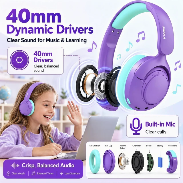 Alt view image 7 of 7 - Kids Bluetooth Headphones Wireless Over-Ear,Active Noise Cancelling,Purple 68Hrs,Volume Limit 85/94dB,Built-in Mic,Adjustable Headband Foldable Lightweight for Toddler School Girls Boys,Stereo Sound