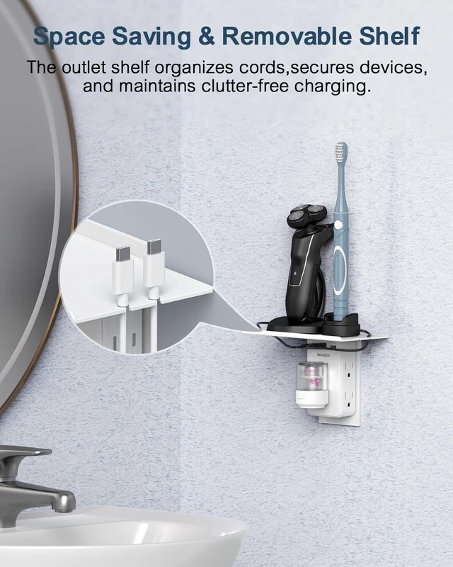 Alt view image 4 of 7 - 2 to 3 Prong Outlet Adapter with Shelf, 6 Outlets and 3 USB Ports Three-sided layout for older two-prong outlets with 2 USB-A and 1 USB-C ports. Shelf holds phones; no grounding provided