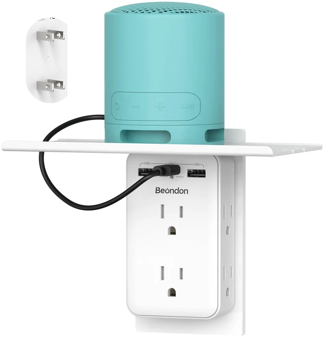 Main image of 2 to 3 Prong Outlet Adapter with Shelf, 6 Outlets and 3 USB Ports Three-sided layout for older two-prong outlets with 2 USB-A and 1 USB-C ports. Shelf holds phones; no grounding provided